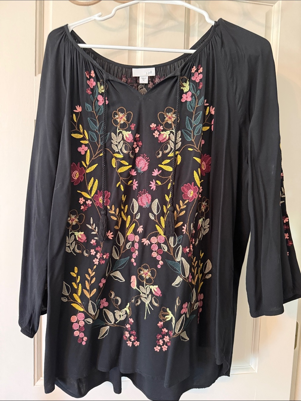 J. Jill Navy Blue Blouse with Multicolor Floral Embroidery